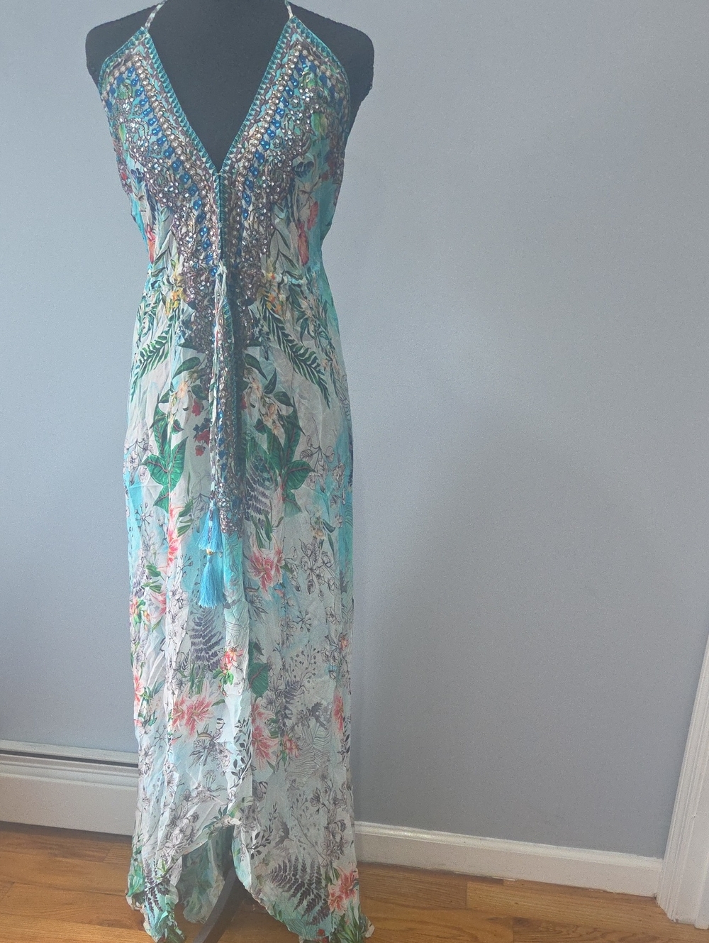 Beaded Halter Maxi Dress in Aqua Floral